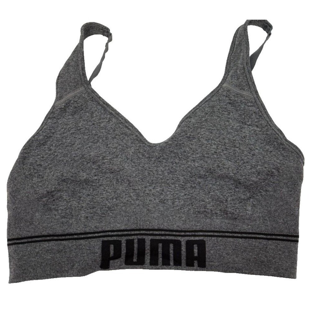 Puma Sports Bra Medium Heather Gray Logo Pull On‎ Wireless Seamless Adjustable